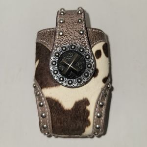 Cow Hair Studded Embellished Brown Western Phone Holder Leather Belt Holster